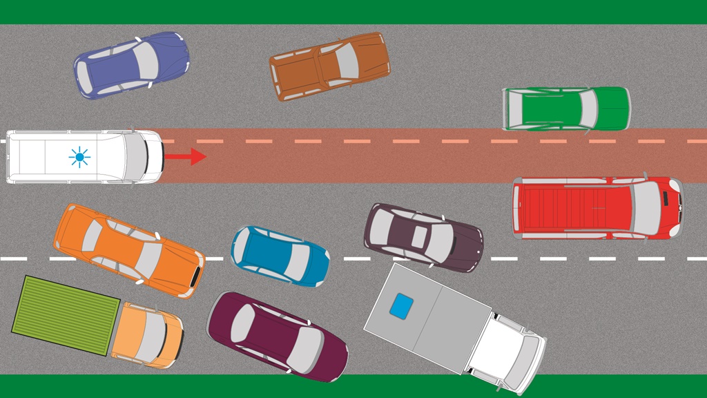 In the presented situation, do the drivers of the red and green vehicles in compliance with the regulations ensure the passage of the emergency vehicle by creating the so-called "emergency corridor"?